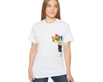 Whimsical Colorful Cat Trio T-Shirt | Pocket Peeking Kittens Tee