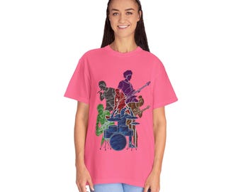 Colorful Band Silhouette T-shirt | Music Notes Back Print