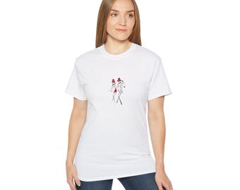 Minimalist Fashion Sketch tee | Two Models Illustration, Red Accents