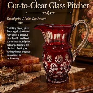May include: An antique ruby red cut-to-clear glass pitcher featuring a thumbprint or polka dot pattern. The pitcher has a clear glass handle, a wide spout, and a rounded body with circular cutouts that reveal clear glass against the deep red color.