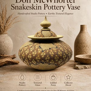 May include: A vintage Don McWhorter lidded pottery vase featuring a brown and tan snakeskin-like textured pattern. The vessel has a rounded body and a pointed lid, showcasing handcrafted studio pottery with an organic, earthy glaze finish.