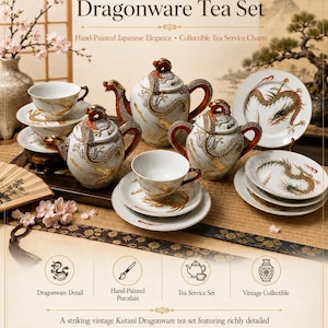 May include: A vintage Kutani Dragonware tea set featuring hand-painted porcelain pieces with raised dragon motifs in red and gold. The set includes a teapot, a lidded sugar bowl, a lidded creamer, teacups, and saucers, all decorated with intricate dragon designs.