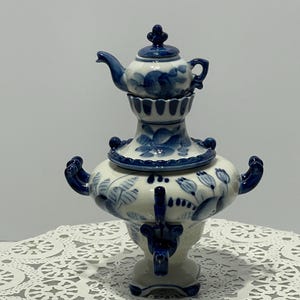 Authentic Gzhel Ceramic Decorative Samovar & Teapot Souvenir - 7 1/2 Inches
