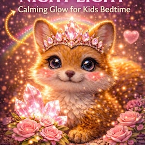 Puede incluir: Ilustración de un zorro lindo con una corona de joyas, rodeado de rosas rosas y cristales. El texto dice "Spirit Fox Night Light" y "Calming Glow for Kids Bedtime". El texto "Stop Nighttime Fear" también está presente.