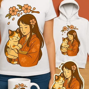 Japanese Girl Cat PNG | Kawaii Anime Clipart | DTF DTG T-Shirt Design | Mug Wrap | Cute Sakura Art | Digital Download