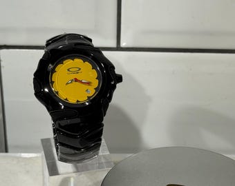Custom Oakley Y2K Futuristic Metal Wristwatch Black Shiny Strap with Yellow Dial