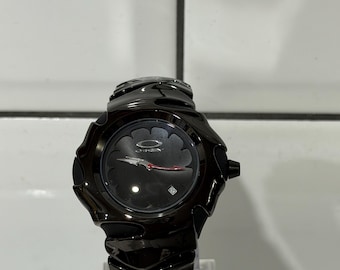 Custom Oakley Y2K Futuristic Metal Wristwatch Black Dial with Black Shiny Strap