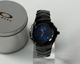 Custom Oakley Y2K Futuristic Metal Wristwatch Blue Dial with Black Shiny Strap