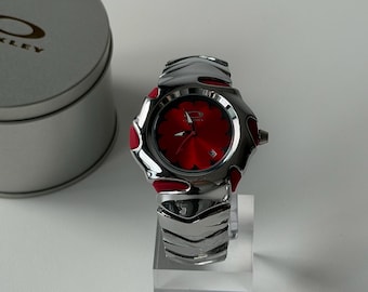 Custom Oakley Y2K Futuristic Metal Wristwatch Red Dial with Shiny Silver Red strap