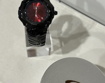 Custom Oakley Y2K Futuristic Metal Wristwatch Black Shiny Strap with Red Dial