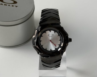 Custom Oakley Y2K Futuristic Metal Wristwatch White Dial with Black Shiny Strap