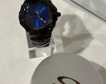 Custom Oakley Y2K Futuristic Metal Wristwatch Blue Dial with Black Shiny Strap