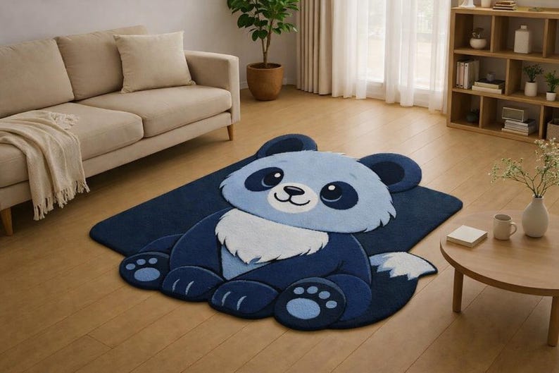 Panda Rug Tufting Hand Tufted Wool Panda Rug, Blue Cartoon Animal Shape Carpet, Nursery ...