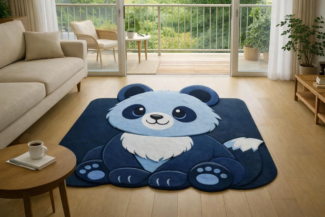 Hand Tufted Wool Panda Rug, Blue Cartoon Animal Shape Carpet, Nursery ...