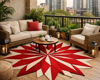 Handmade Geometric Red Area Rug | Modern Boho Living Room Carpet