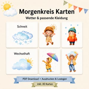 May include: A set of educational cards titled Morgenkreis Karten Wetter & passende Kleidung featuring watercolor illustrations of weather conditions and children dressed in appropriate clothing, including snow, rain, and sun, with 30 cards total.