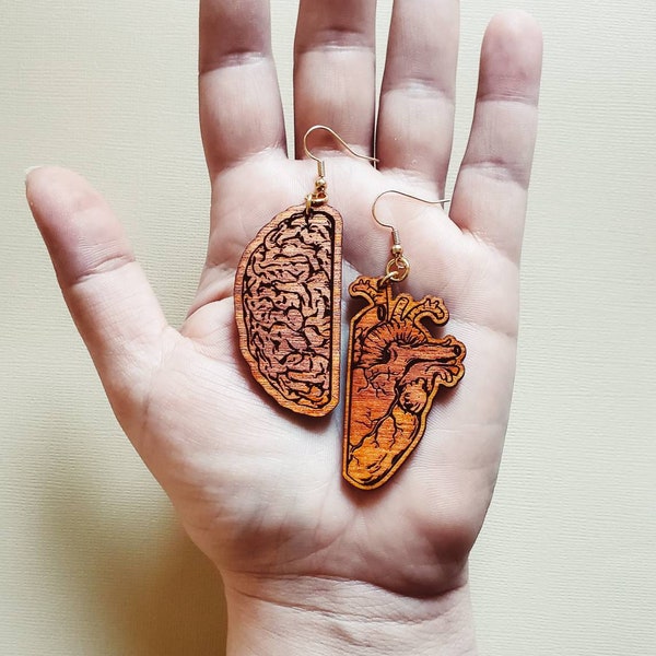 Mismatched Heart and Brain Anatomical Earrings | Sustainable Wood Jewelry | Asymmetrical Dangle Earrings stocking stuffer