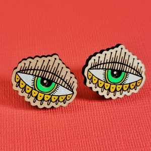 all seeing eye Creepy and cute eye earrings hand painted Halloween design creepy wood stud earrings funky and weird fashion