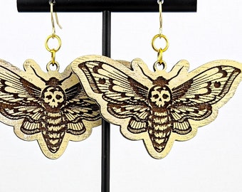 Death's Head Moth dangle earrings | Black and White Halloween | Witchy wood earrings | Pastel Goth Aesthetic || Halloween Accessories