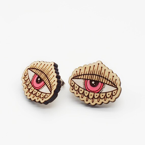 all seeing eye Creepy and cute eye earrings hand painted Halloween design creepy wood stud earrings funky and weird fashion