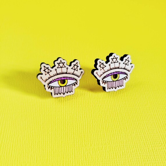 all seeing eye Creepy and cute eye earrings hand painted Halloween design creepy wood stud earrings funky and weird fashion