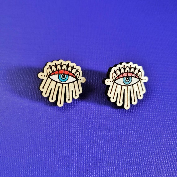 all seeing eye Creepy and cute eye earrings hand painted Halloween design creepy wood stud earrings funky and weird fashion