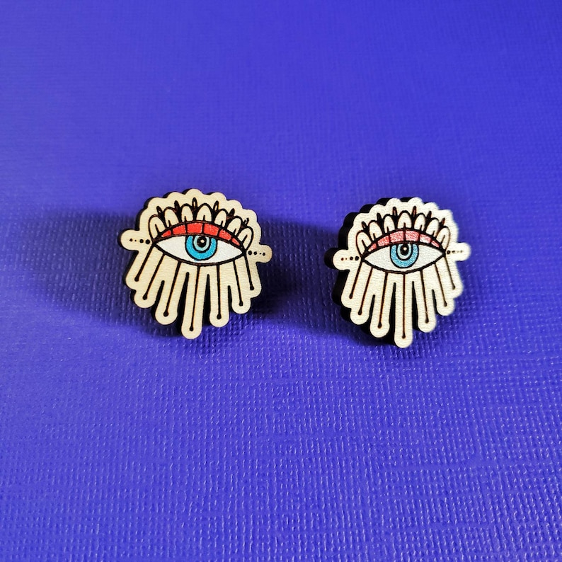 all seeing eye Creepy and cute eye earrings hand painted Halloween design creepy wood stud earrings funky and weird fashion