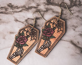 Bones and Roses Coffin Earrings | Floral Skeleton Dangles | Witchcore Aesthetic | Spider Webs | Unique Stocking Stuffer