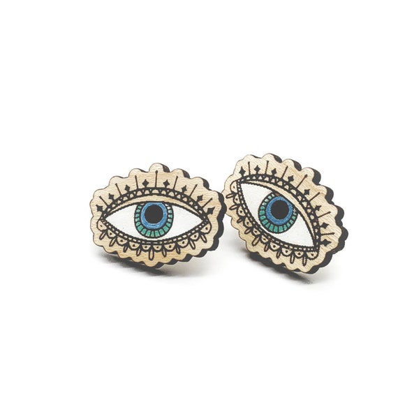 all seeing eye Creepy and cute eye earrings hand painted Halloween design creepy wood stud earrings funky and weird fashion