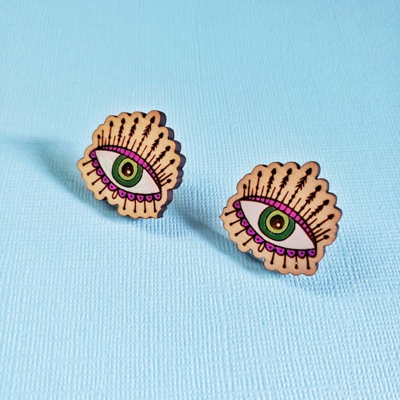 all seeing eye Creepy and cute eye earrings hand painted Halloween design creepy wood stud earrings funky and weird fashion