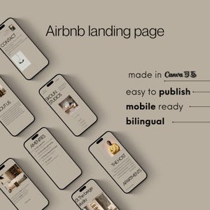 Puede incluir: Una maqueta de una página de destino de Airbnb optimizada para dispositivos móviles, con varios teléfonos inteligentes que muestran diferentes secciones como contacto, servicios y listados de estudios. El diseño es neutro con el texto "Airbnb landing page", "easy to publish" y "bilingual".