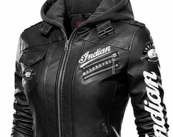 Women's Indian Motorcycle Real Leather Hooded Jacket Indian Inspired Racing Coat Genuine Cowhide Leather Jacket Retro Biker Gear Gift Her