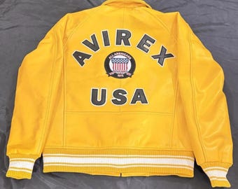 Avirex Leather Jacket Mens Military Bomber jacket Genuine Cowhide Leather Biker Jacket Avirex Varsity Bomber Jacket in Yellow Best For Gift