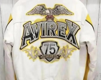 Avirex Yellow Aviator King 75 Men's Leather Bomber Jacket Genuine Cowhide Varsity Biker Jacket Premium Moto Leather Jacket Outerwear Gift
