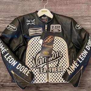Vanson x Aime Leon Dore Leather Biker Jacket Genuine Cowhide Perforated Woven Biker Jacket Streetwear Luxury Patchwork Jacket Gift for Him