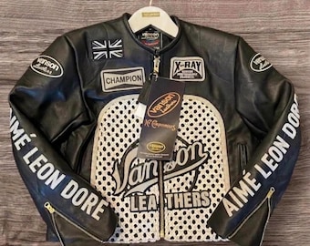 Vanson x Aime Leon Dore Giacca da motociclista in vera pelle bovina, traforata e intrecciata, streetwear, giacca patchwork di lusso, regalo per lui