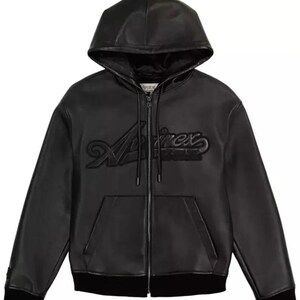 Giacca da motociclista in vera pelle bovina nera con cappuccio Avirex, realizzata a mano, streetwear, il miglior regalo per lui. immagine 3