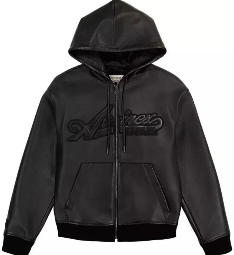 Giacca da motociclista in vera pelle bovina nera con cappuccio Avirex, realizzata a mano, streetwear, il miglior regalo per lui. immagine 3