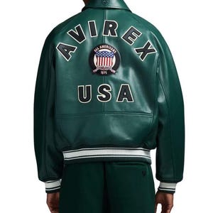 Kurtka bomberka Avirex USA ze skóry naturalnej w kolorze zielonym, prawdziwa skóra bydlęca, kurtka pilotka vintage, modny płaszcz w stylu ulicznym, najlepszy prezent dla niego zdjęcie 4