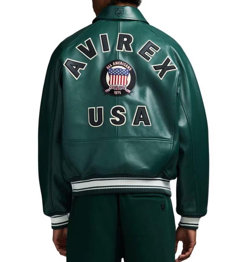 Kurtka bomberka Avirex USA ze skóry naturalnej w kolorze zielonym, prawdziwa skóra bydlęca, kurtka pilotka vintage, modny płaszcz w stylu ulicznym, najlepszy prezent dla niego zdjęcie 4