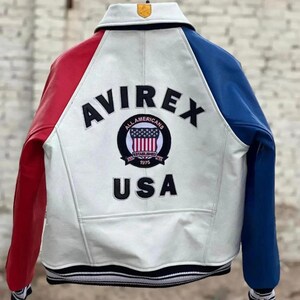 Avirex USA Icon Multicolor Bomber Leather Jacket Men's Genuine Cowhide Leather Varsity Aviator Biker Jacket Streetwear Coat Gift for Him image 3