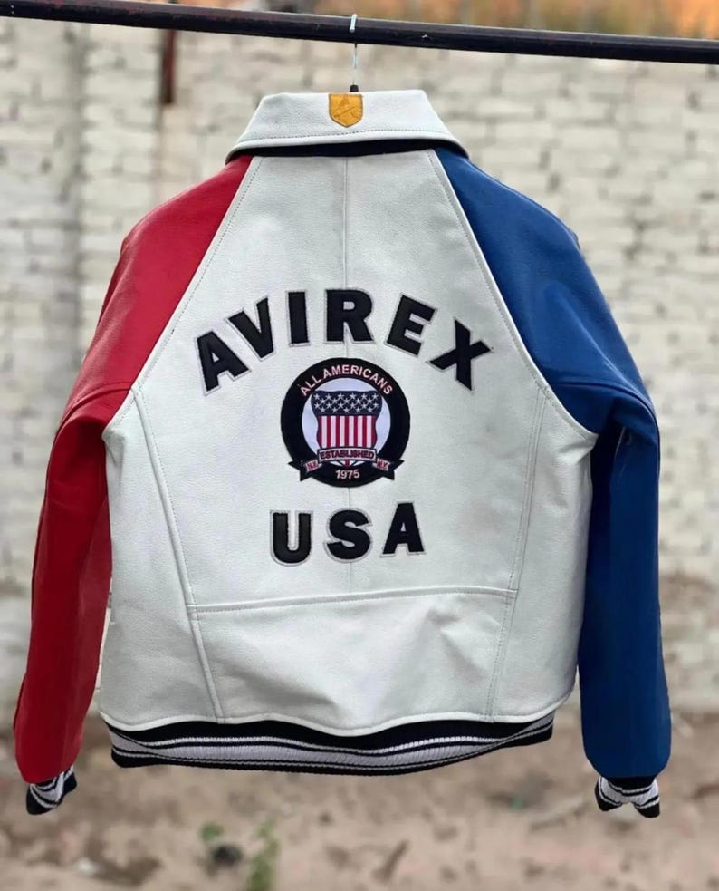 Avirex USA Icon Multicolor Bomber Leather Jacket Men's Genuine Cowhide Leather Varsity Aviator Biker Jacket Streetwear Coat Gift for Him image 3