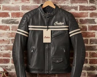 Men's Indian Motorcycle Real Leather Jacket Indian Motorcycle Racing biker Coat Genuine Cowhide Leather Retro Biker Gear Best Gift for Him