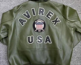 Avirex USA Olive Green Leather Bomber Jacket Genuine Cowhide Leather Jacket Vintage Pilot Flight Jacket Streetwear Fashion Coat Gift for Him