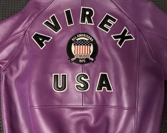 Giacca bomber in pelle Avirex USA Icon da uomo, vera pelle bovina, stile militare, viola, stile biker, vintage, streetwear, regalo per lui
