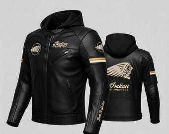 Indian Motorcycle Real Leather Jacket Indian Inspired Unisex Leather Hooded Coat Genuine Cowhide Leather Retro Biker Gear Best Gift for Him