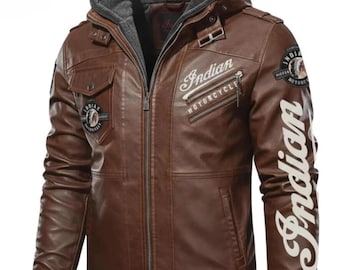 Men's Indian Motorcycle Real Leather Jacket Indian Inspired Leather Hooded Coat Genuine Cowhide Leather Retro Biker Gear Best Gift for Him