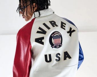 Giacca bomber in pelle multicolore Avirex USA Icon da uomo, in vera pelle bovina, stile college, aviatore, motociclista, giacca streetwear, regalo per lui