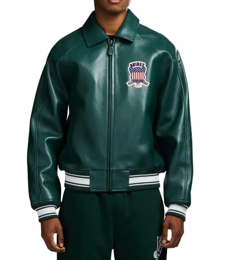Kurtka bomberka Avirex USA ze skóry naturalnej w kolorze zielonym, prawdziwa skóra bydlęca, kurtka pilotka vintage, modny płaszcz w stylu ulicznym, najlepszy prezent dla niego zdjęcie 5