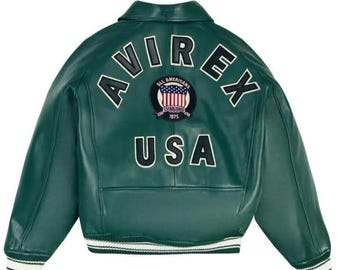 Chaqueta bomber de cuero verde Avirex USA, chaqueta de cuero genuino de vaca, chaqueta de piloto vintage, abrigo de moda urbana, el mejor regalo para él.